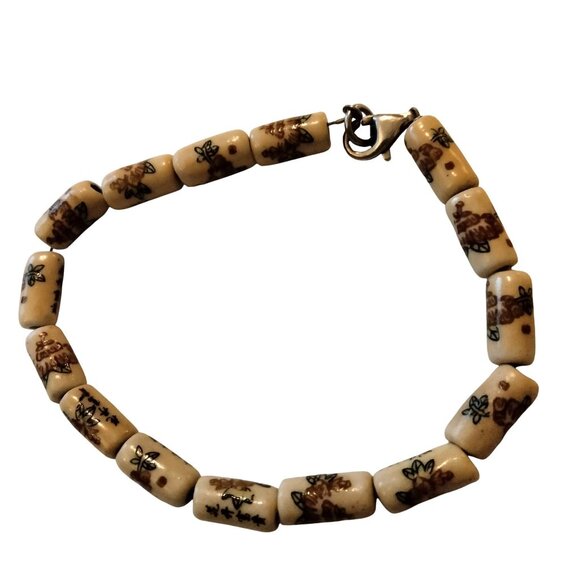 Asian Floral Ceramic Beaded Bracelet Translates Flower Bloom Wealth - Picture 3 of 8